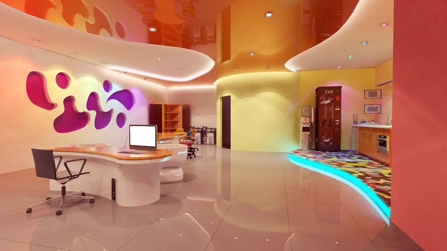 Creative Agency Office: A Ribbon Desk, Organic Walls and Colour That Does the Wayfinding | Kenania Inventive Arts Creative office interior design: Reception with organic wall openings and a coloured floor path