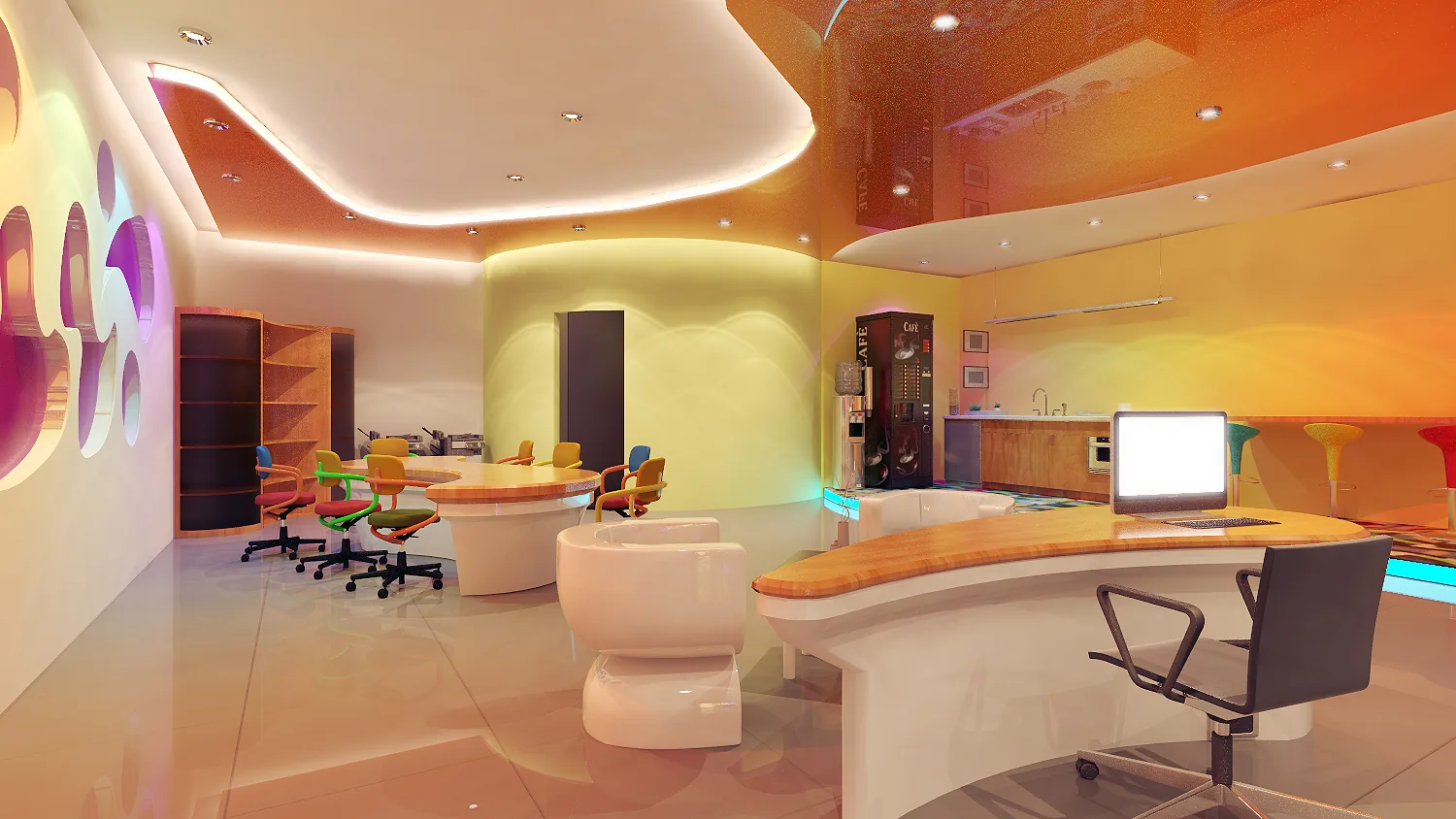 Creative Agency Office: A Ribbon Desk, Organic Walls and Colour That Does the Wayfinding | Kenania Inventive Arts Open office with curved workstations
