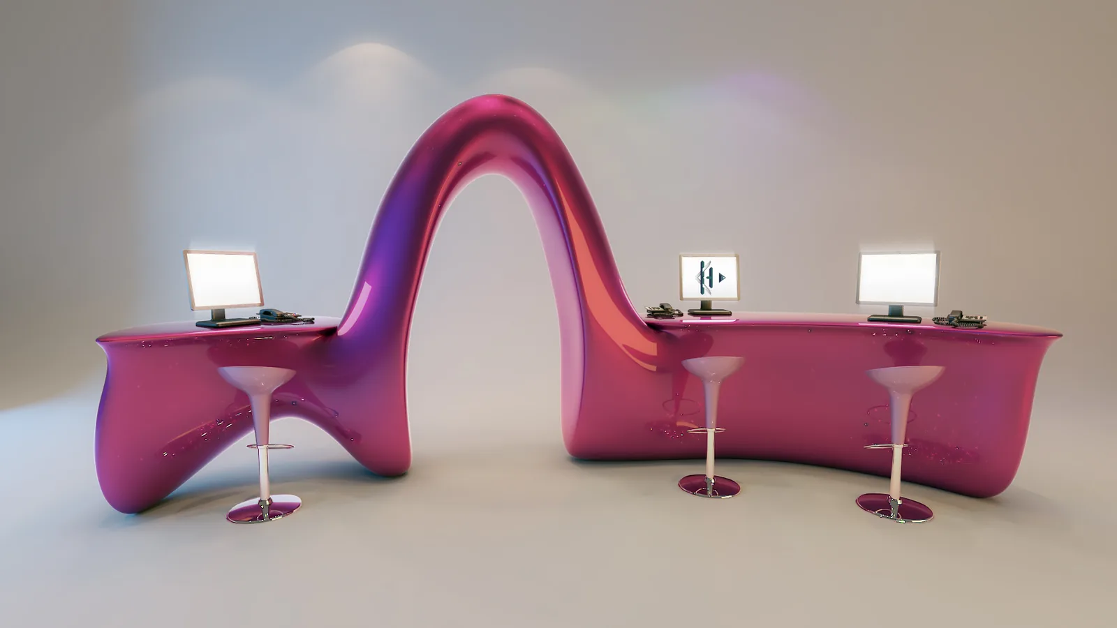 Creative Agency Office: A Ribbon Desk, Organic Walls and Colour That Does the Wayfinding | Kenania Inventive Arts Ribbon reception desk with two workstations