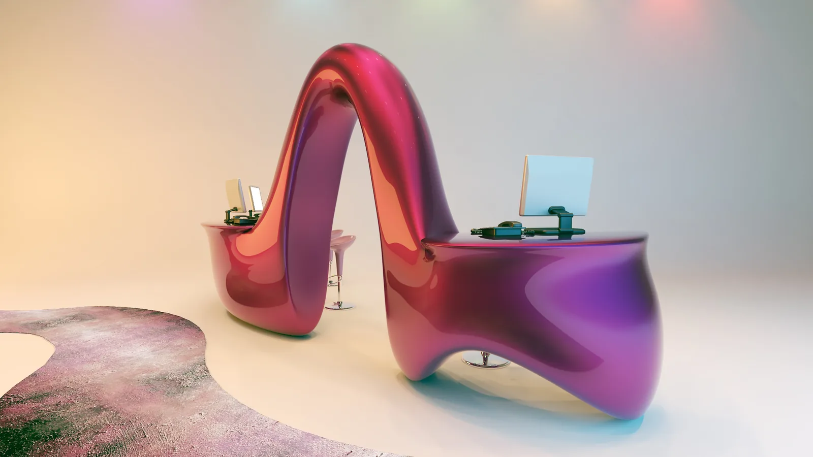 Creative Agency Office: A Ribbon Desk, Organic Walls and Colour That Does the Wayfinding | Kenania Inventive Arts Sculptural magenta reception desk shaped like a flowing ribbon