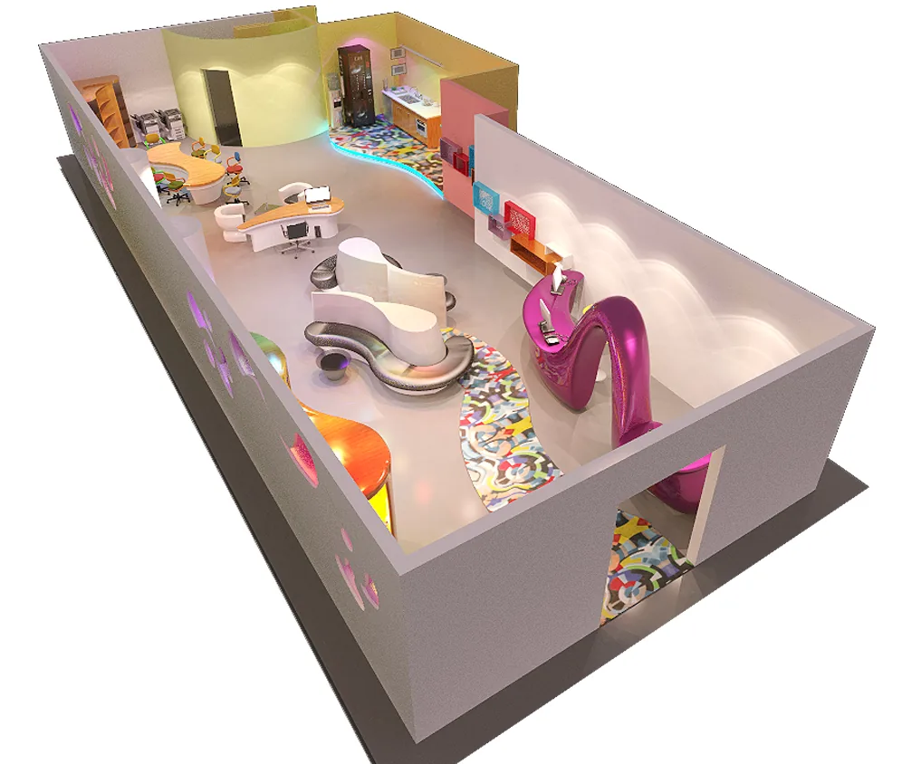 Creative Agency Office: A Ribbon Desk, Organic Walls and Colour That Does the Wayfinding | Kenania Inventive Arts Isometric cutaway of the office plan