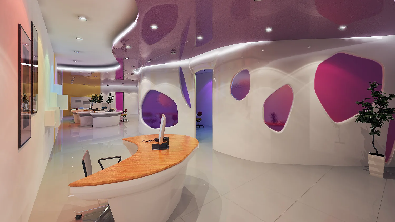 Creative Agency Office: A Ribbon Desk, Organic Walls and Colour That Does the Wayfinding | Kenania Inventive Arts Open office with organic wall cut-outs
