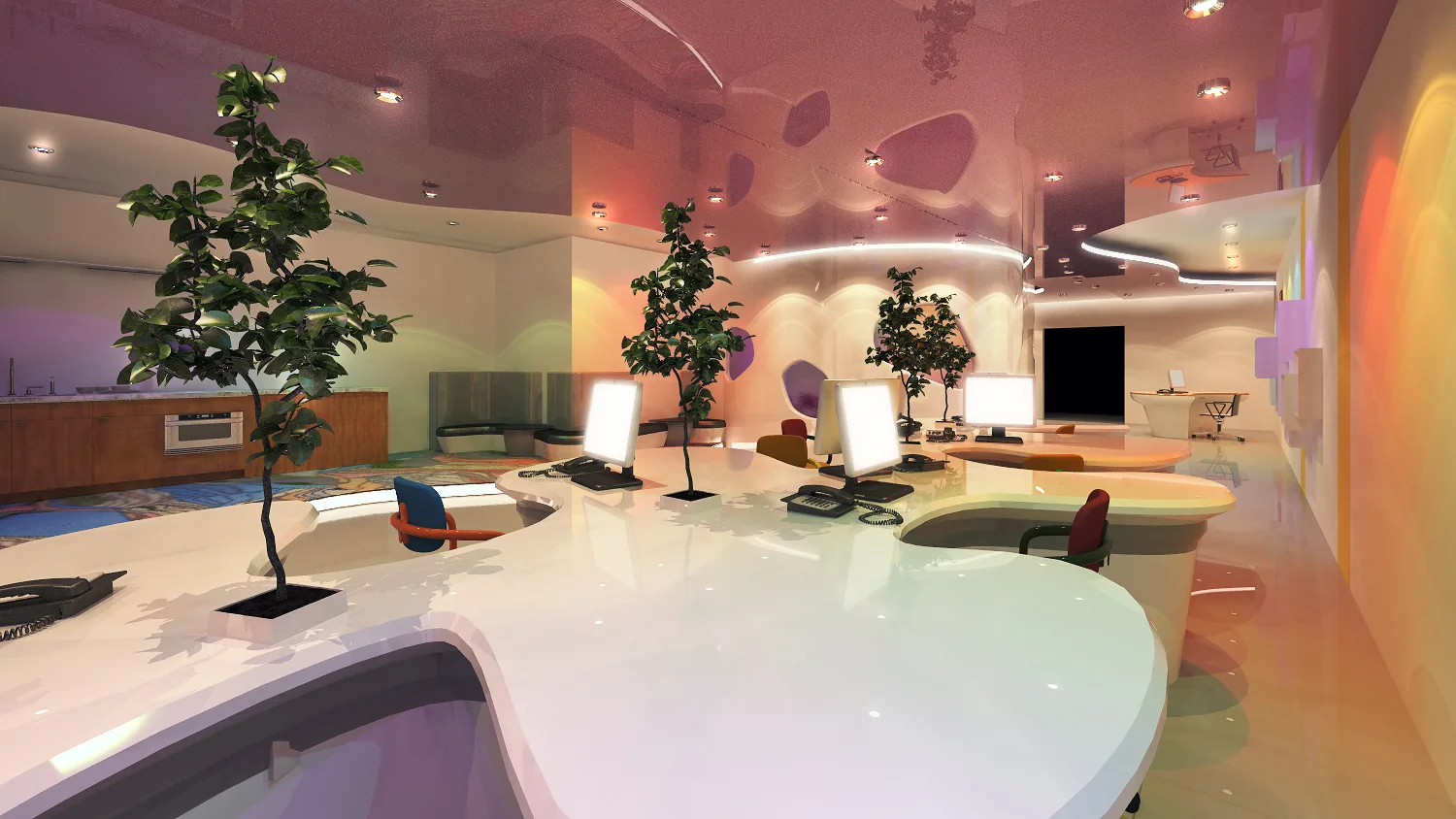 Creative Agency Office: A Ribbon Desk, Organic Walls and Colour That Does the Wayfinding | Kenania Inventive Arts Open office with indoor trees and a curved white desk