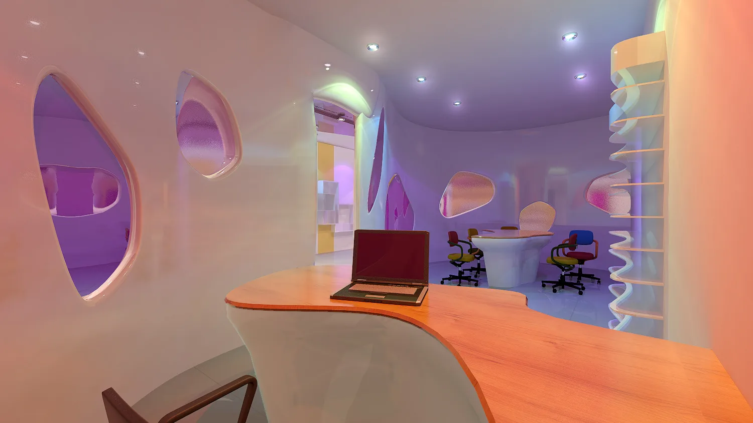 Creative Agency Office: A Ribbon Desk, Organic Walls and Colour That Does the Wayfinding | Kenania Inventive Arts Workstation detail with magenta accents