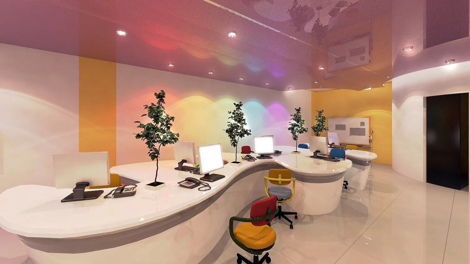 Creative Agency Office: A Ribbon Desk, Organic Walls and Colour That Does the Wayfinding | Kenania Inventive Arts Team area with a shared curved desk