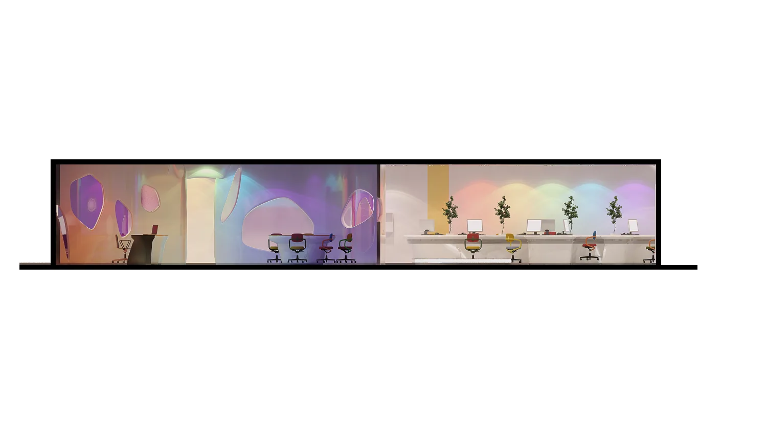 Creative Agency Office: A Ribbon Desk, Organic Walls and Colour That Does the Wayfinding | Kenania Inventive Arts Section through the reception