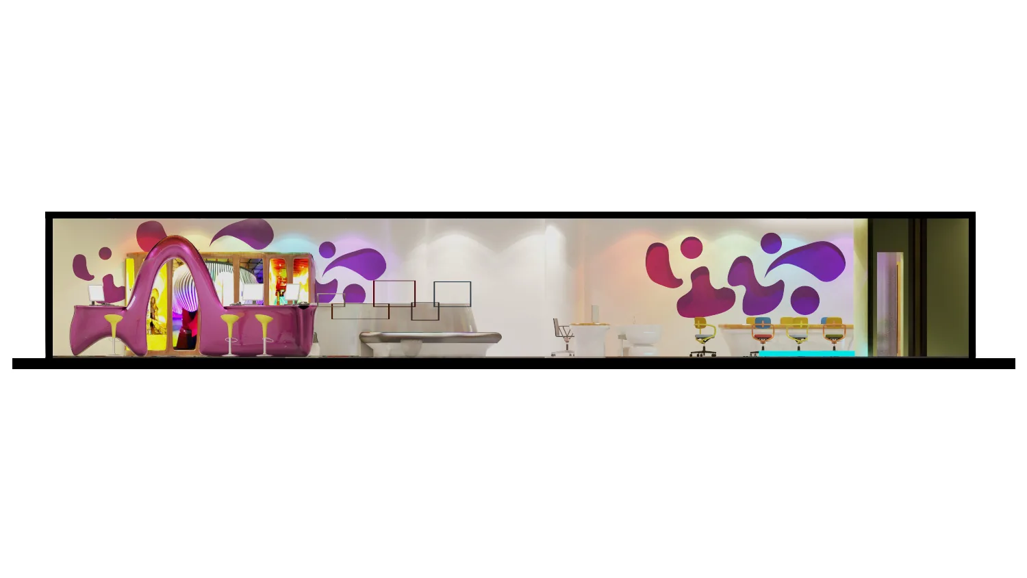 Creative Agency Office: A Ribbon Desk, Organic Walls and Colour That Does the Wayfinding | Kenania Inventive Arts Section through the open office