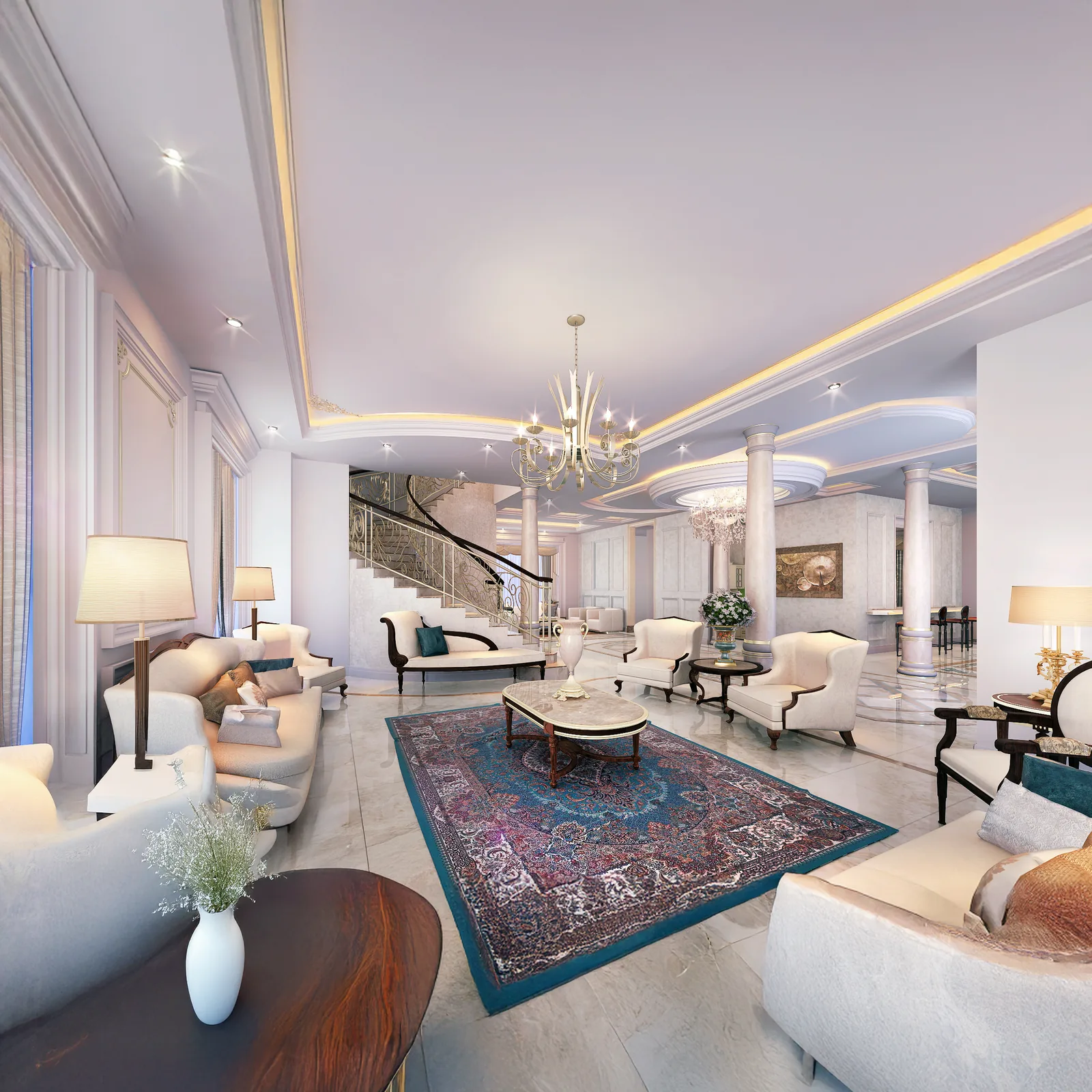 Family living room with a curved staircase and layered cove lighting