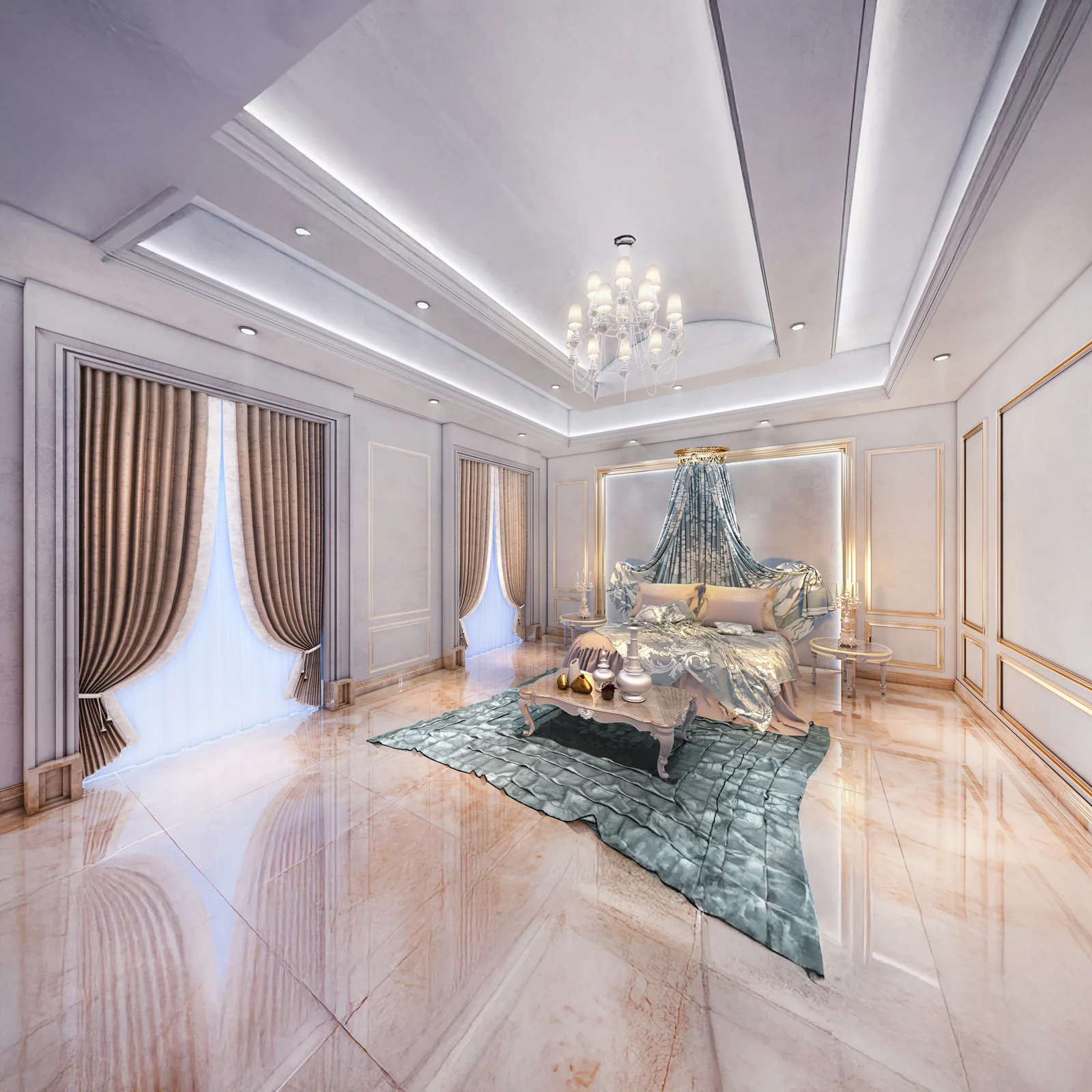 Formal majlis with silk drapery and a turquoise carpet