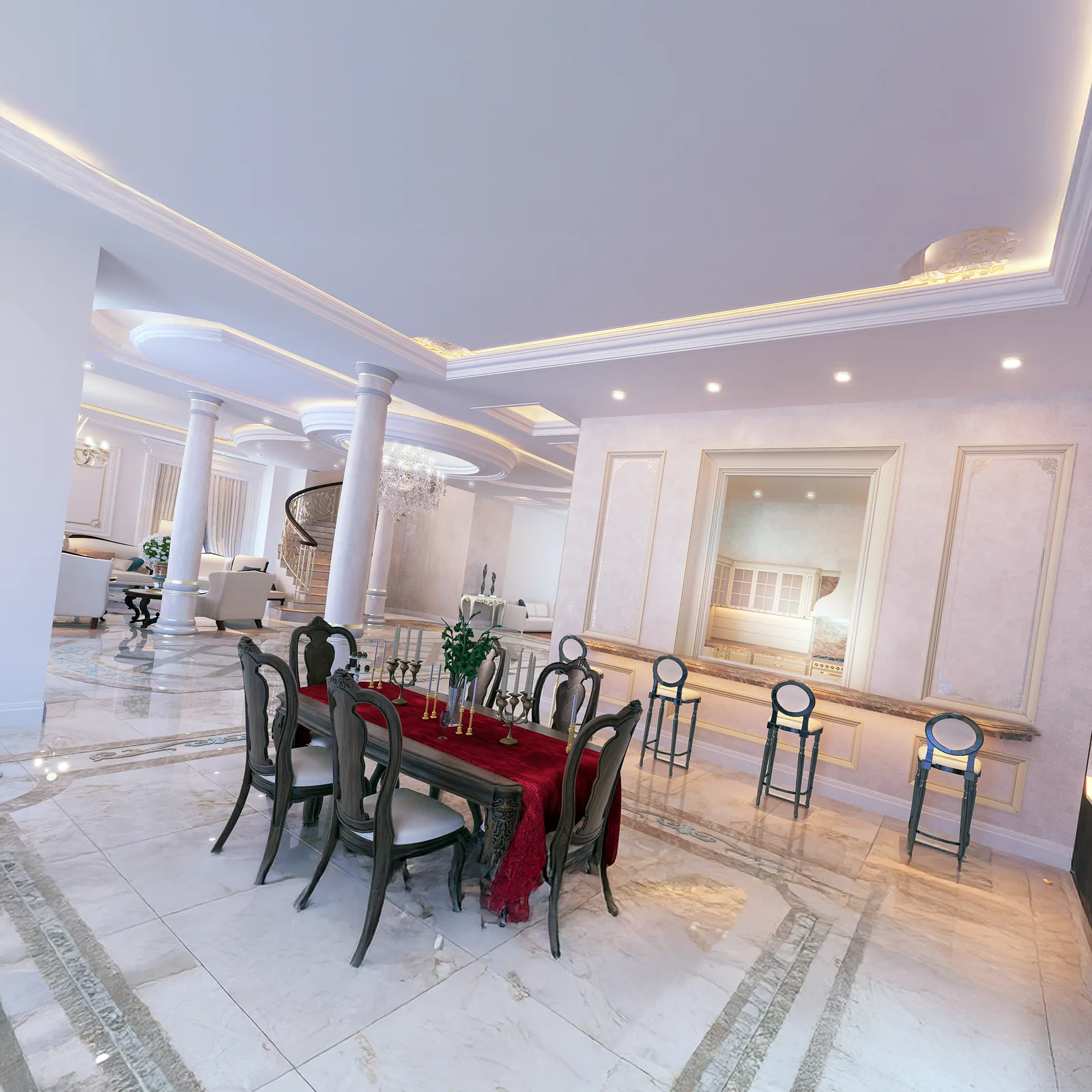 Dining room with wall panelling and a red runner