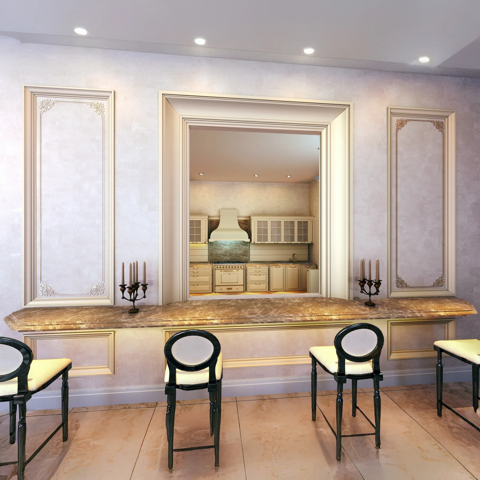 Breakfast bar with onyx counter and mirror panel