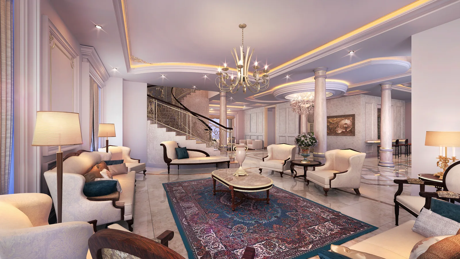 Living room seating with classic armchairs and a Persian rug