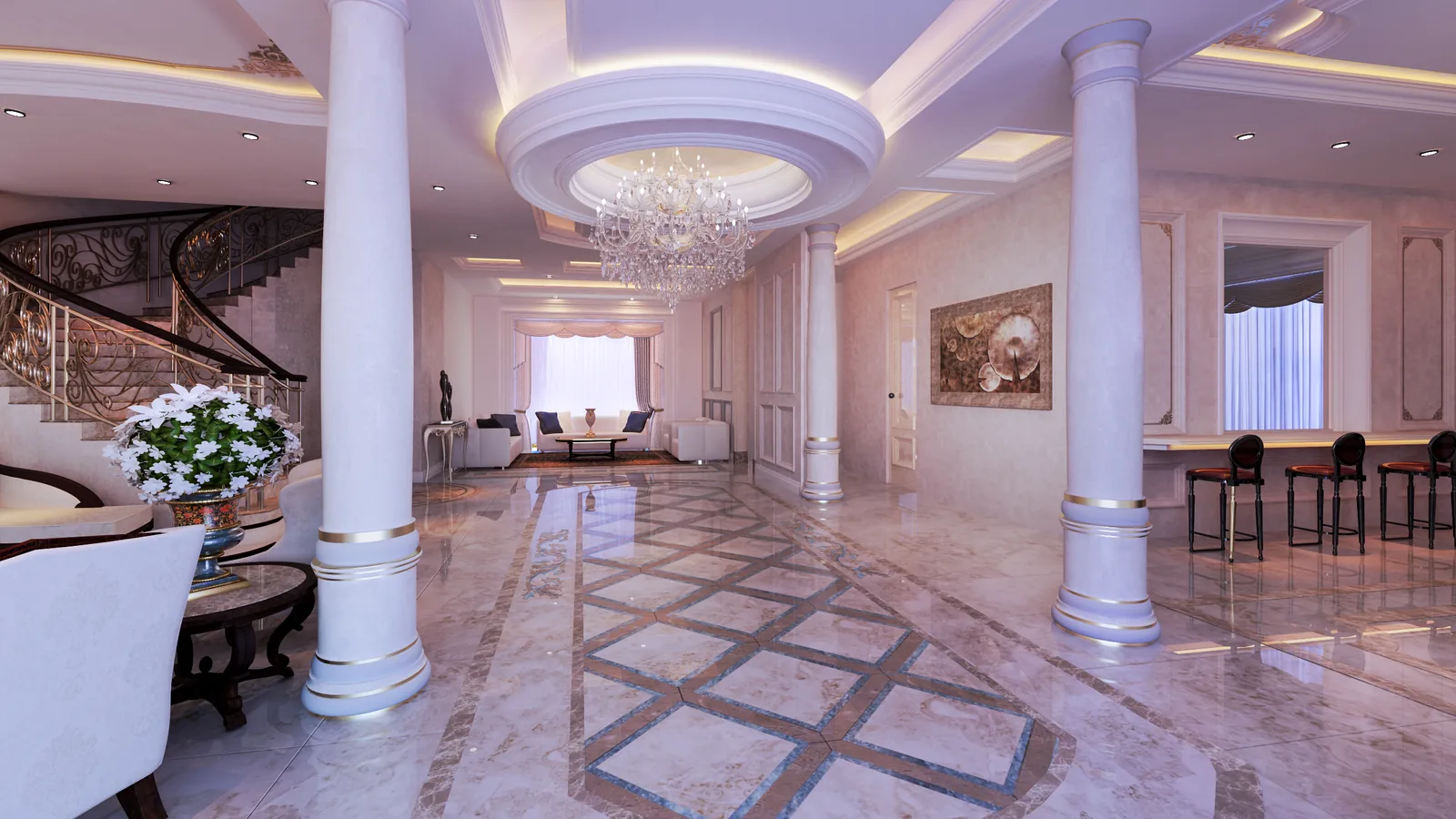 Entrance hall ceiling dome and chandelier