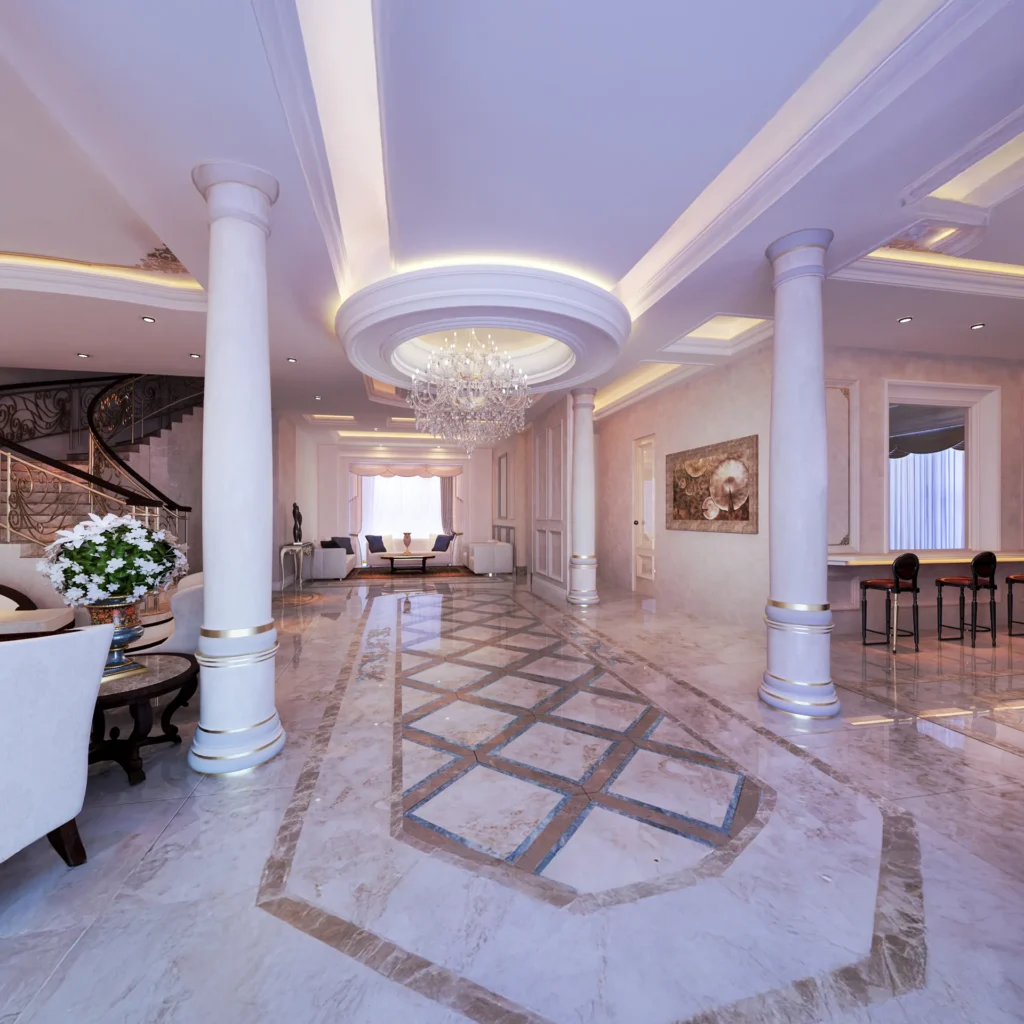 Neo-classical villa entrance hall in Dubai with marble floor inlay and double columns
