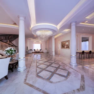 Neo-Classical Villa Interior, Dubai: Entrance Hall, Majlis and Living Spaces | Kenania Inventive Arts Neo-classical villa entrance hall in Dubai with marble floor inlay and double columns