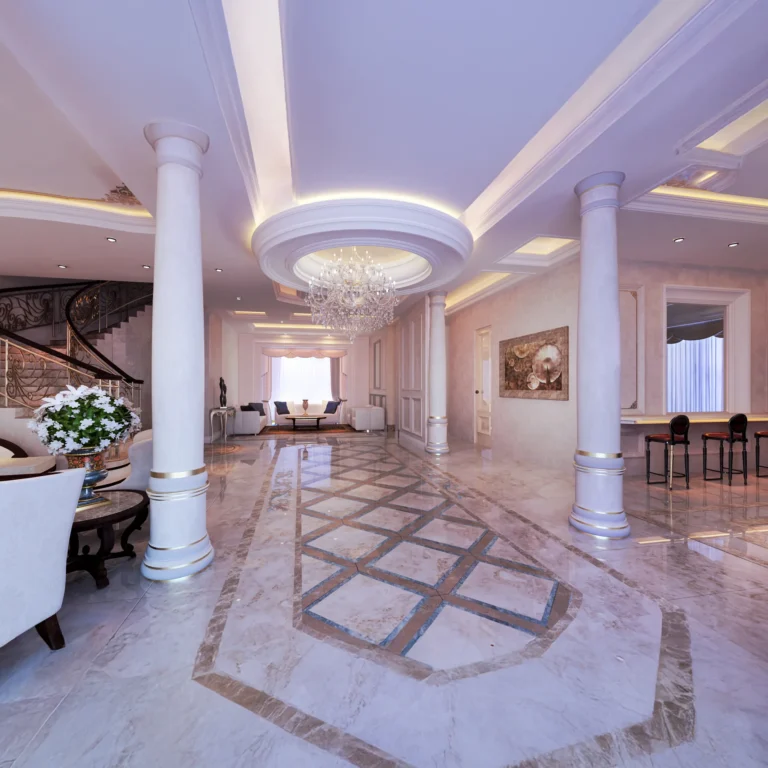 Neo-Classical Villa Interior, Dubai: Entrance Hall, Majlis and Living Spaces | Kenania Inventive Arts Neo-classical villa entrance hall in Dubai with marble floor inlay and double columns