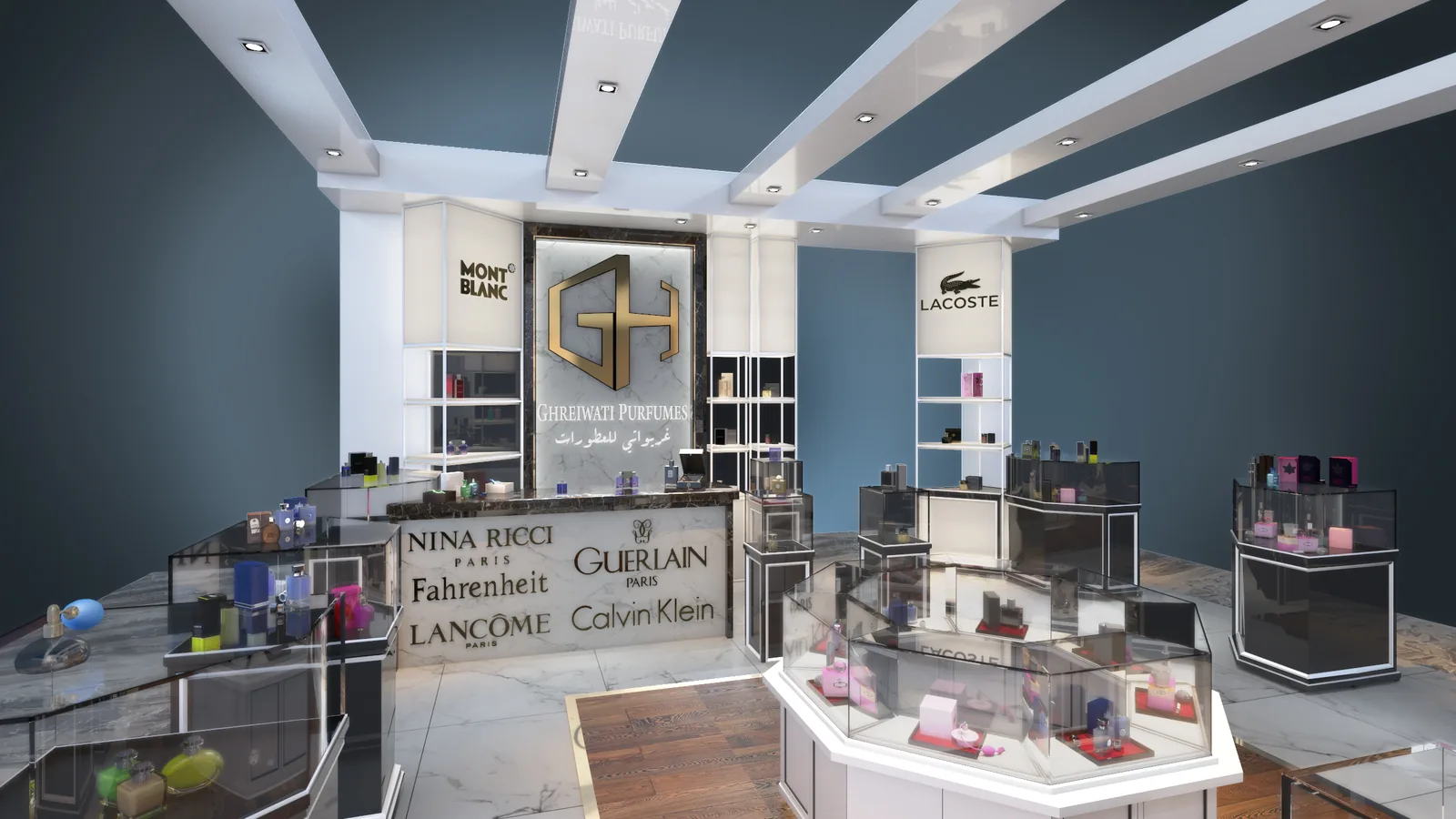 Ghreiwati Perfumes Kiosk, Dubai: A Boutique Island Unit for a New Fragrance Retailer | Kenania Inventive Arts White cabinetry with backlit brand niches and a central counter