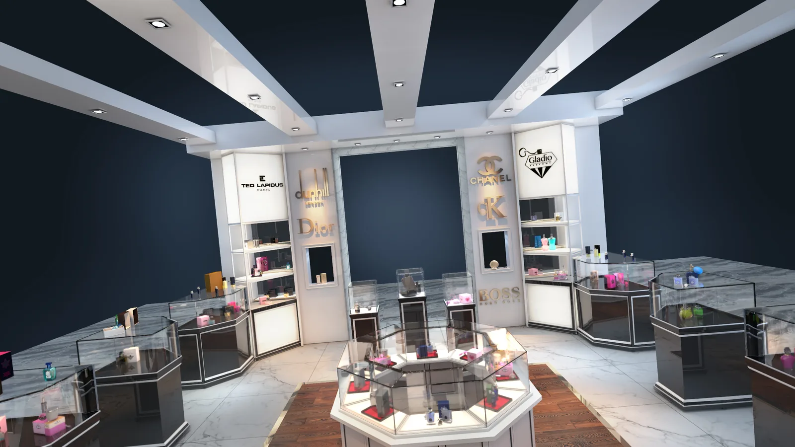 Ghreiwati Perfumes Kiosk, Dubai: A Boutique Island Unit for a New Fragrance Retailer | Kenania Inventive Arts Deep-blue back wall with white cabinetry and glass counters