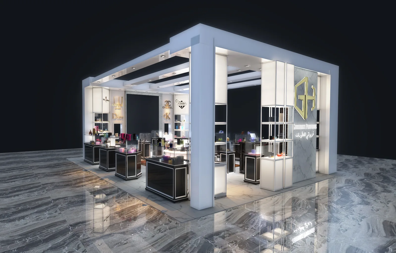 Ghreiwati Perfumes Kiosk, Dubai: A Boutique Island Unit for a New Fragrance Retailer | Kenania Inventive Arts White lacquer alternative: open frame with the logo overhead