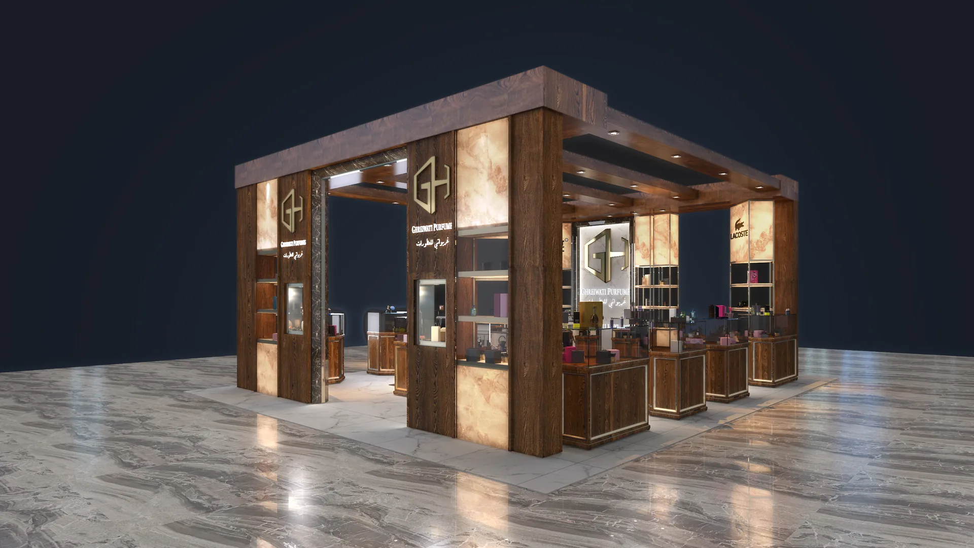 Ghreiwati Perfumes Kiosk, Dubai: A Boutique Island Unit for a New Fragrance Retailer | Kenania Inventive Arts Ghreiwati Perfumes island kiosk in dark timber with backlit onyx panels on a marble mall floor