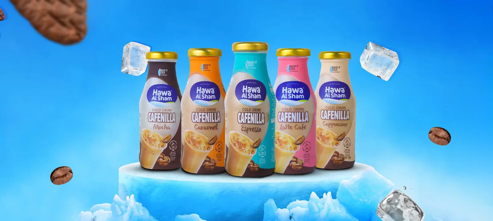 Web banner: Cafenilla iced coffee bottles on ice