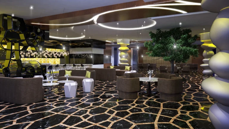 Hotel Lounge, Banquet Hall and Private Dining: One Floor, Three Moods | Kenania Inventive Arts Hotel lounge restaurant with a black-and-gold hexagonal floor and sculptural columns