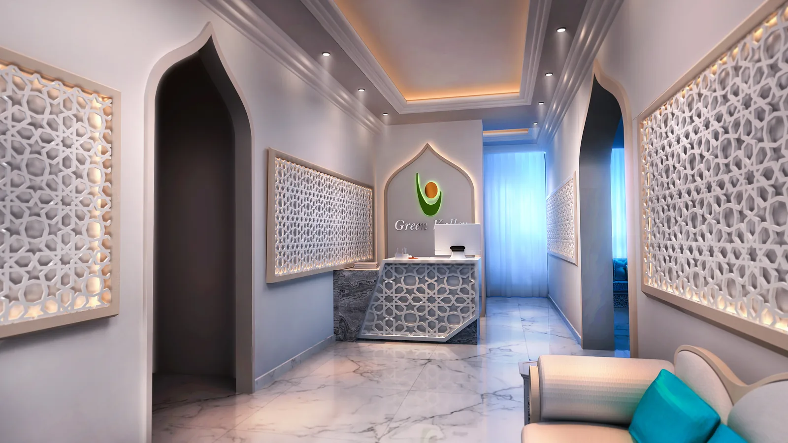 ممر الاستقبال بأقواس مدببة وألواح مشبّكة