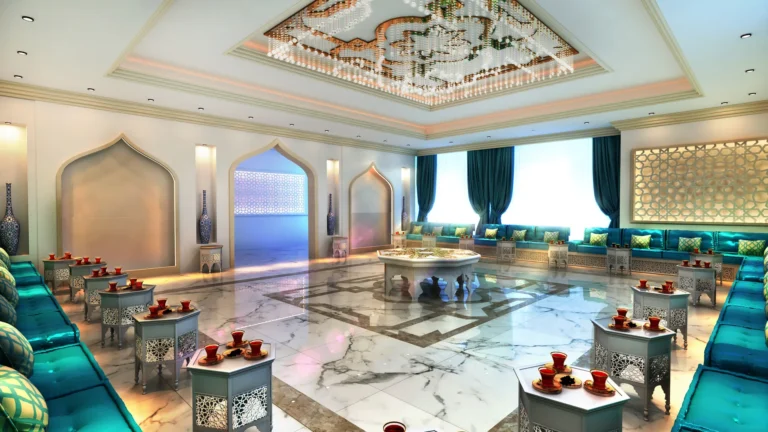 Islamic-Style Head Office in Qatar (2017): Majlis, Reception and Meeting Rooms | Kenania Inventive Arts Islamic-style majlis with turquoise seating, mashrabiya screens and a patterned ceiling