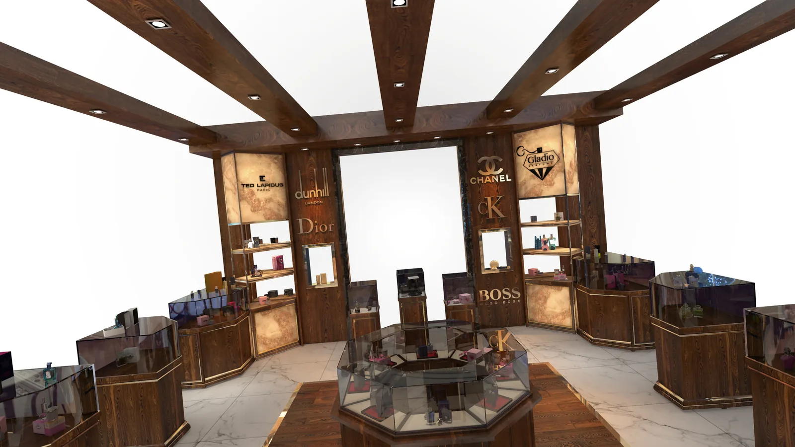 Ghreiwati Perfumes Kiosk, Dubai: A Boutique Island Unit for a New Fragrance Retailer | Kenania Inventive Arts Dark timber beams framing the backlit fragrance niches
