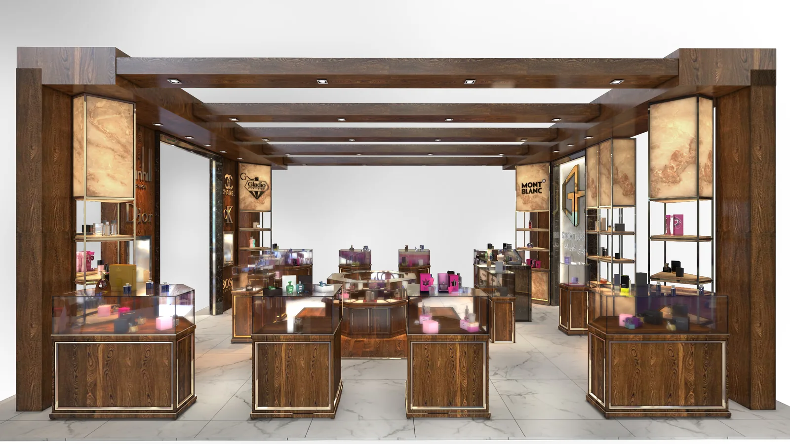 Ghreiwati Perfumes Kiosk, Dubai: A Boutique Island Unit for a New Fragrance Retailer | Kenania Inventive Arts Front elevation of the island unit