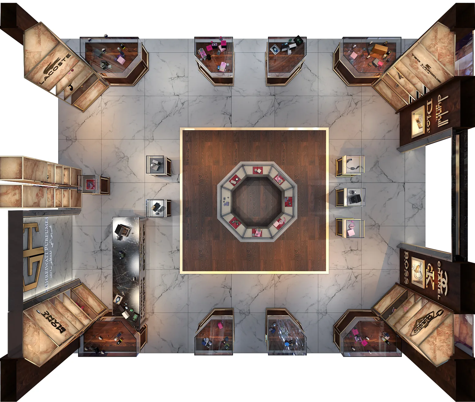 Ghreiwati Perfumes Kiosk, Dubai: A Boutique Island Unit for a New Fragrance Retailer | Kenania Inventive Arts Plan view: central display with lockable cabinets below