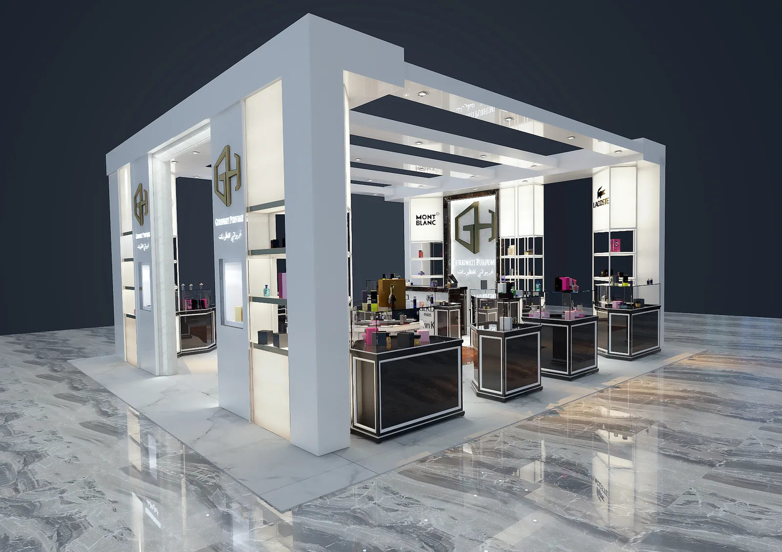 Ghreiwati Perfumes Kiosk, Dubai: A Boutique Island Unit for a New Fragrance Retailer | Kenania Inventive Arts White lacquer alternative for a lighter mall design code