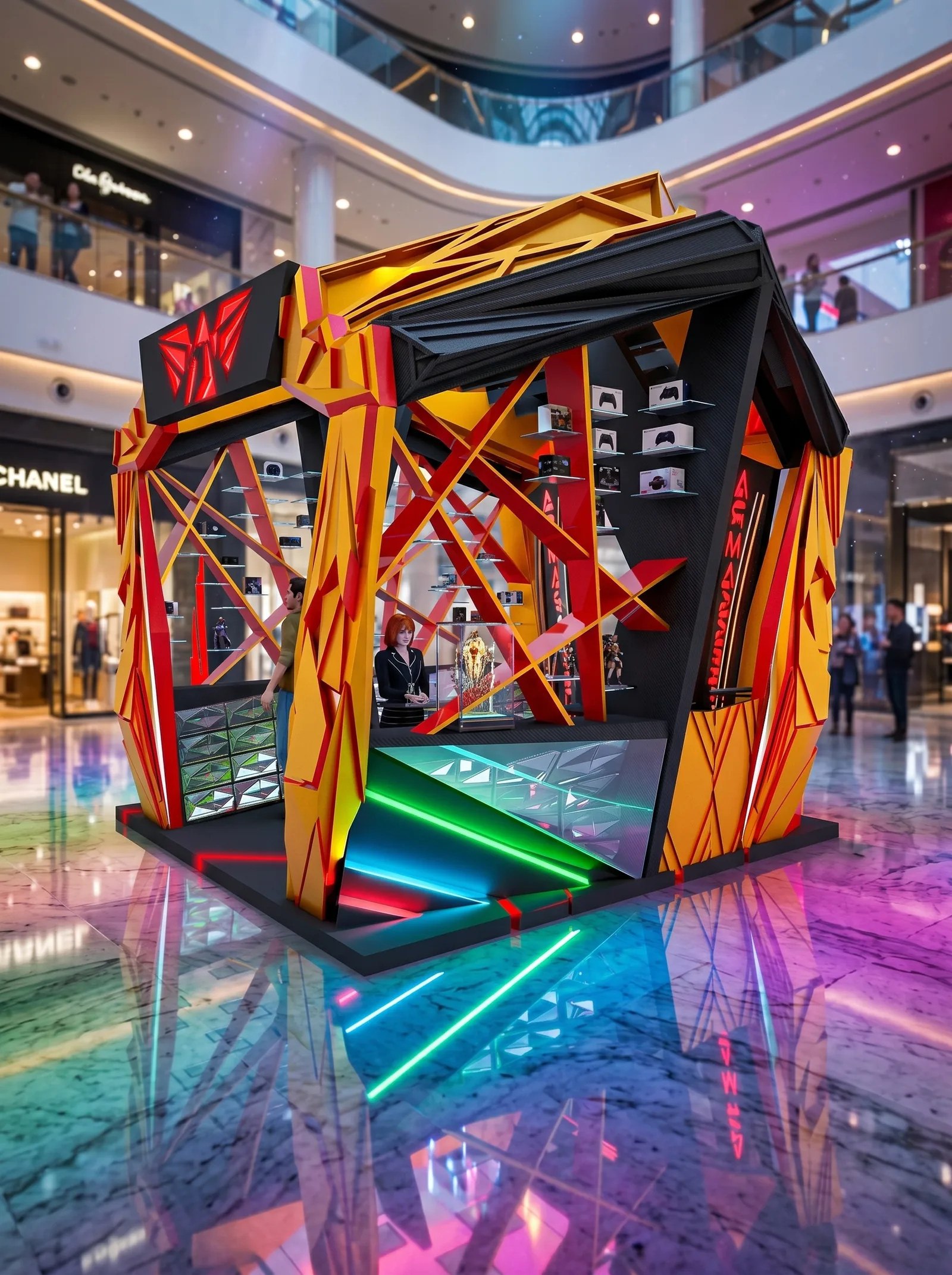 Gaming kiosk with LED strips in a mall atrium