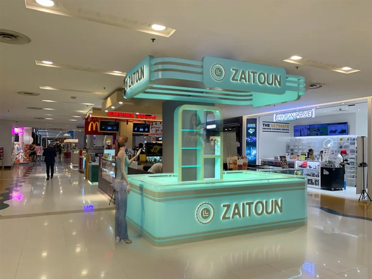 Mall Kiosk Design: Four Kiosks from Concept to a Built Unit in Sunway Pyramid | Kenania Inventive Arts Zaitoun mint-green kiosk built in Sunway Pyramid mall, Kuala Lumpur