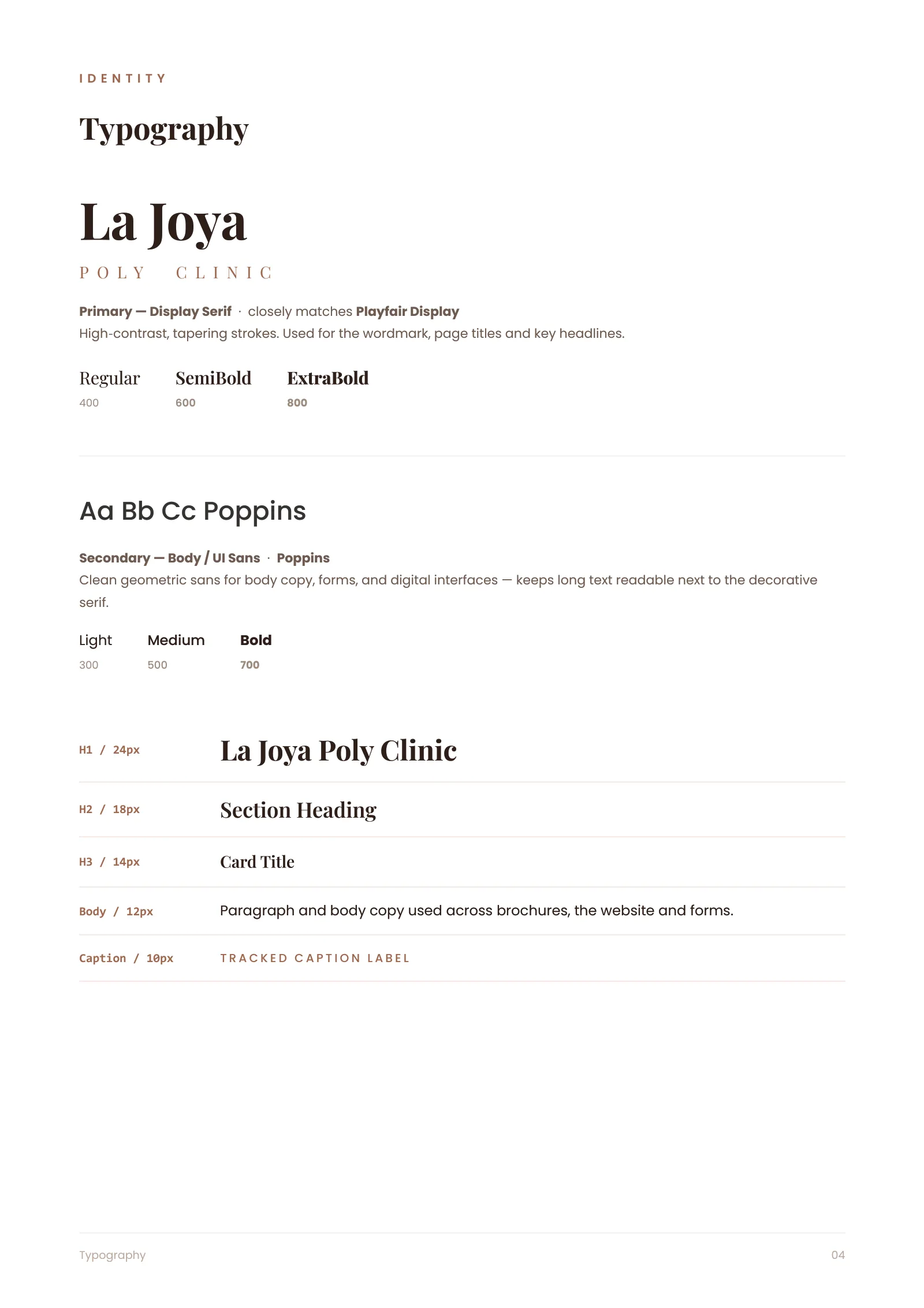Typography: display serif wordmark with Poppins body text