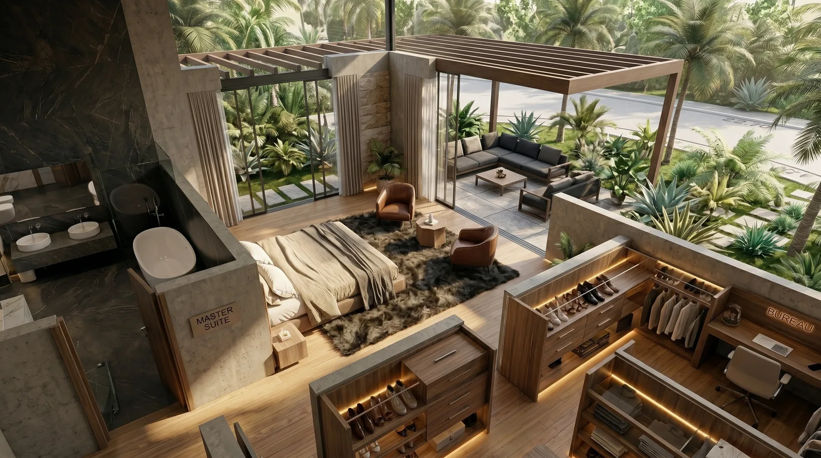 Villa Master Suite and Kitchen in Morocco: Designed with AI-Assisted Concepts, Drawn by Hand | Kenania Inventive Arts Master bedroom interior design: Master bedroom with a leather armchair and garden view