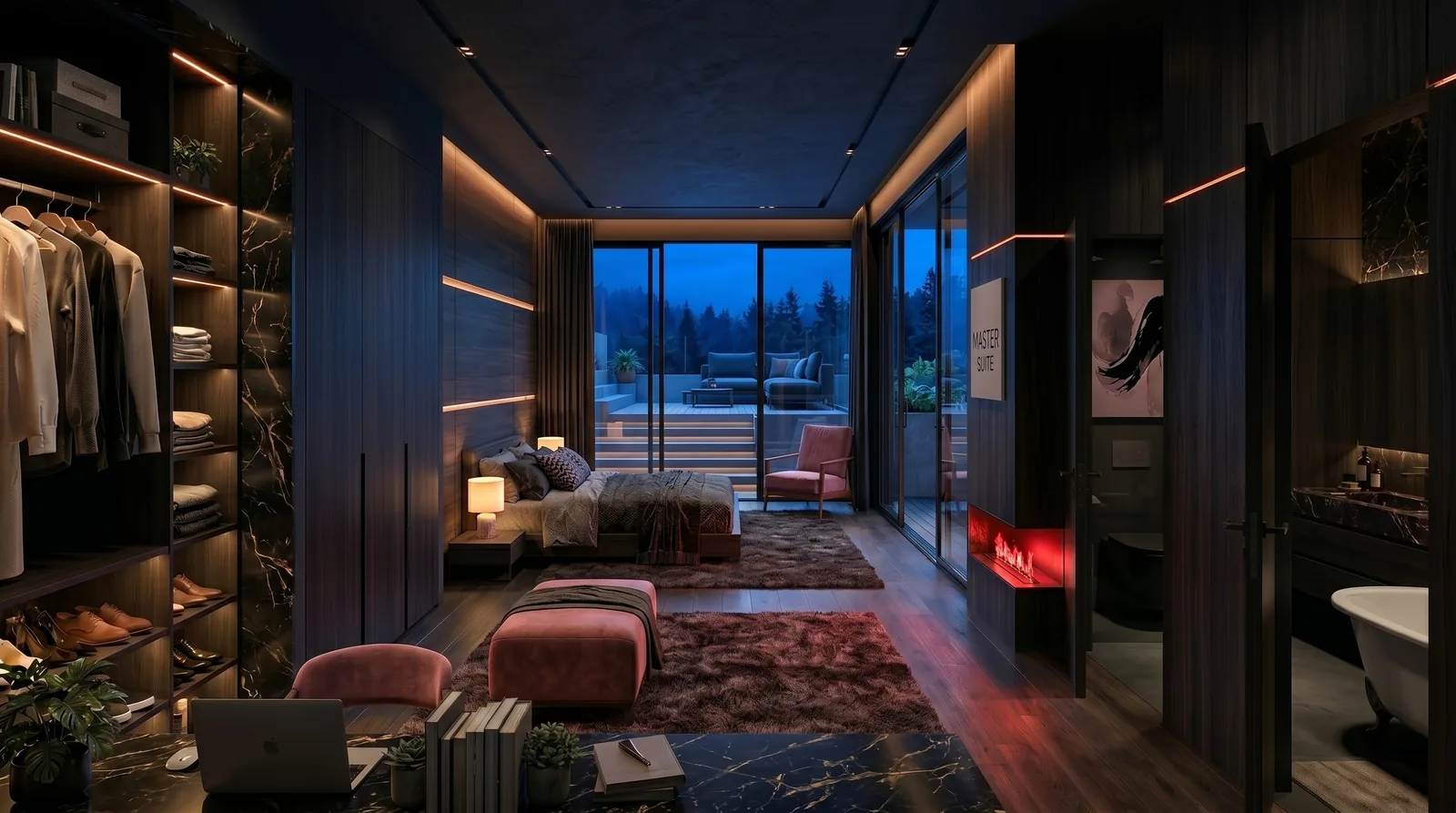 Villa Master Suite and Kitchen in Morocco: Designed with AI-Assisted Concepts, Drawn by Hand | Kenania Inventive Arts Walk-in wardrobe at night