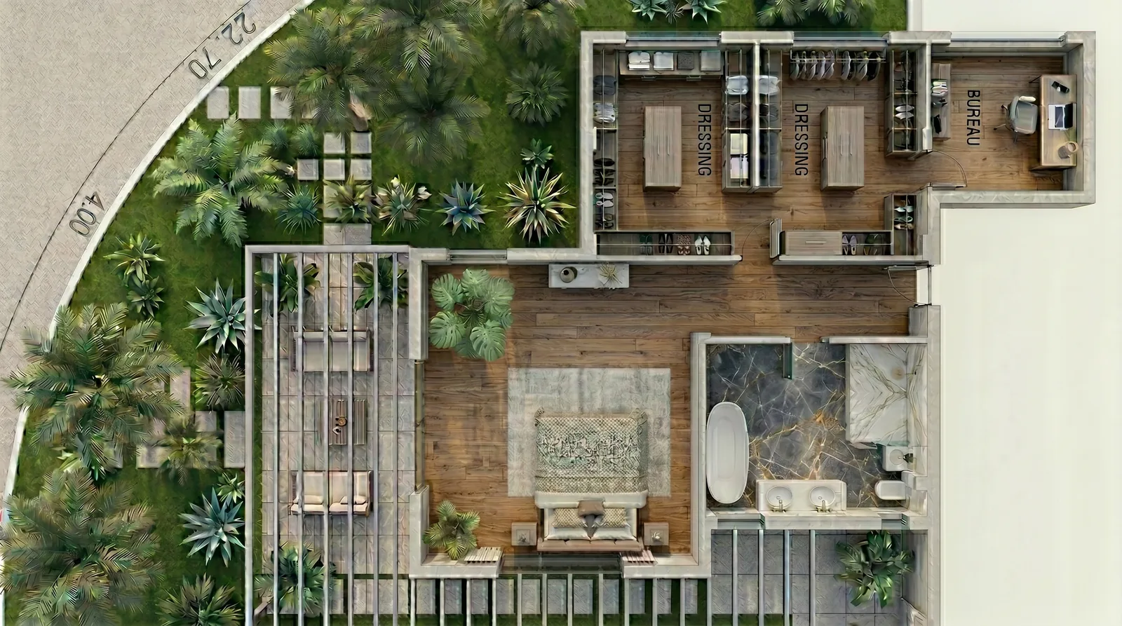 Villa Master Suite and Kitchen in Morocco: Designed with AI-Assisted Concepts, Drawn by Hand | Kenania Inventive Arts Rendered plan of the master suite with a private garden