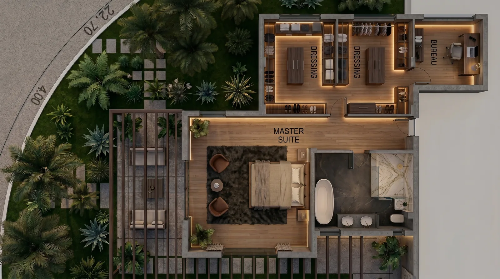Villa Master Suite and Kitchen in Morocco: Designed with AI-Assisted Concepts, Drawn by Hand | Kenania Inventive Arts Master suite plan, night lighting study