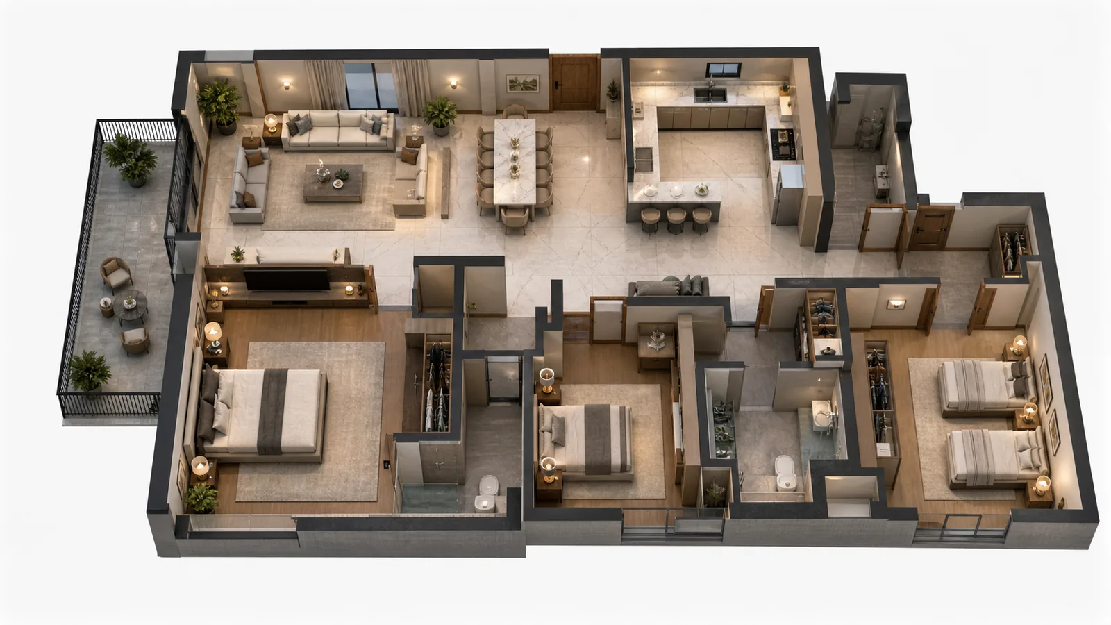 Villa Master Suite and Kitchen in Morocco: Designed with AI-Assisted Concepts, Drawn by Hand | Kenania Inventive Arts Rendered plan of the whole apartment