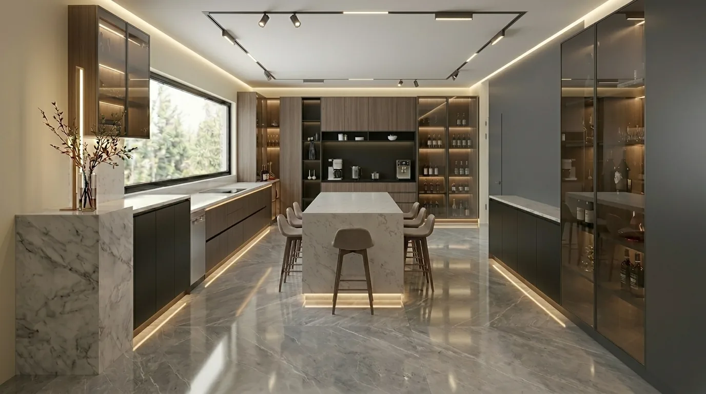 Villa Master Suite and Kitchen in Morocco: Designed with AI-Assisted Concepts, Drawn by Hand | Kenania Inventive Arts Kitchen with a marble island and timber cabinets
