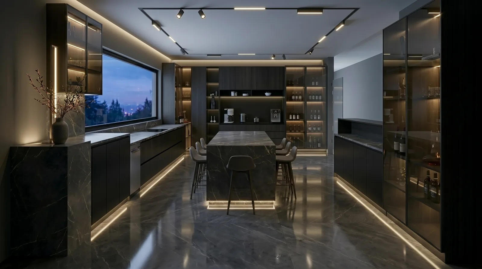 Villa Master Suite and Kitchen in Morocco: Designed with AI-Assisted Concepts, Drawn by Hand | Kenania Inventive Arts Kitchen with hidden lighting in the ceiling