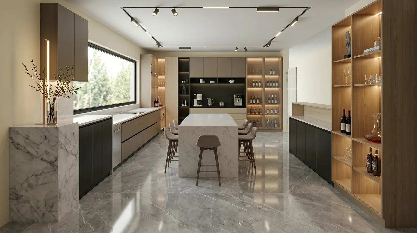 Villa Master Suite and Kitchen in Morocco: Designed with AI-Assisted Concepts, Drawn by Hand | Kenania Inventive Arts Kitchen with a grey marble floor