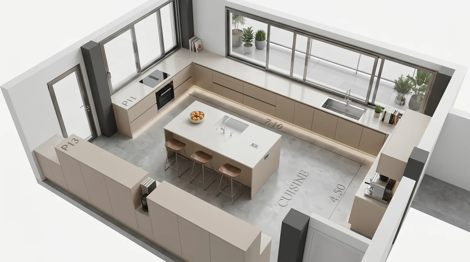 Villa Master Suite and Kitchen in Morocco: Designed with AI-Assisted Concepts, Drawn by Hand | Kenania Inventive Arts Isometric of the kitchen