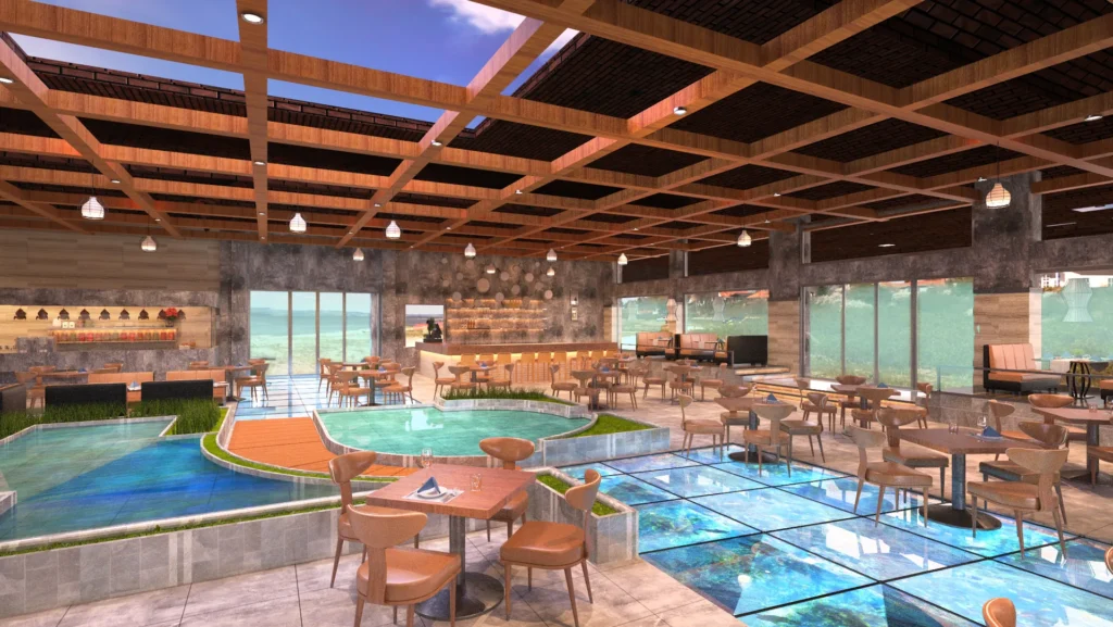 Restaurant dining hall around an indoor pool under timber beams