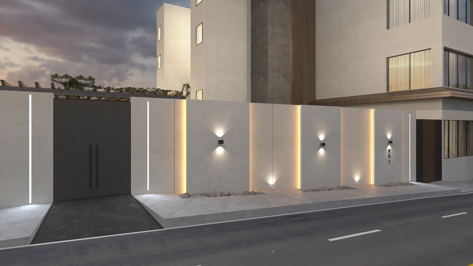 Street elevation of the villa with vertical lighting strips