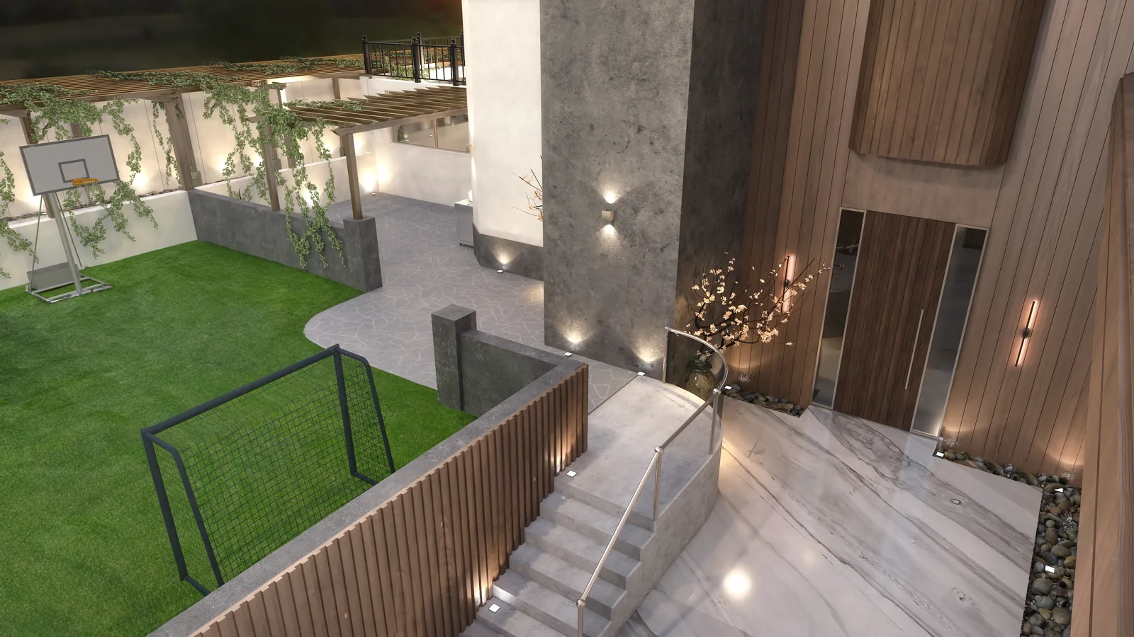 Side garden with a lawn and stepped entrance