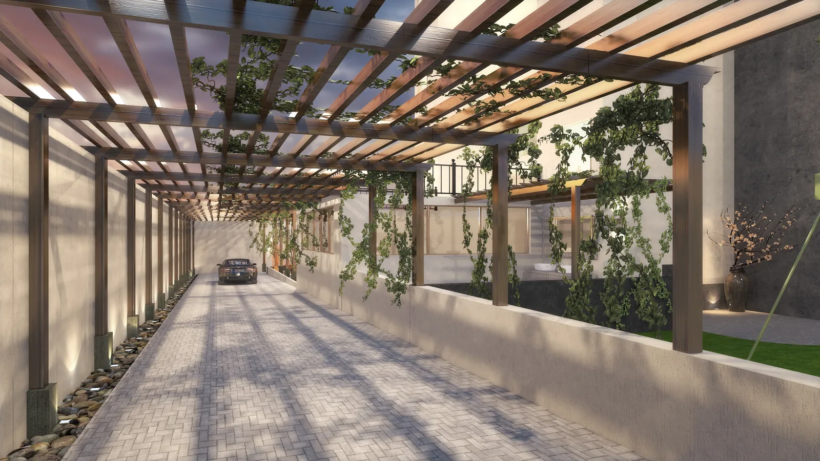 Pergola-covered car court with planting