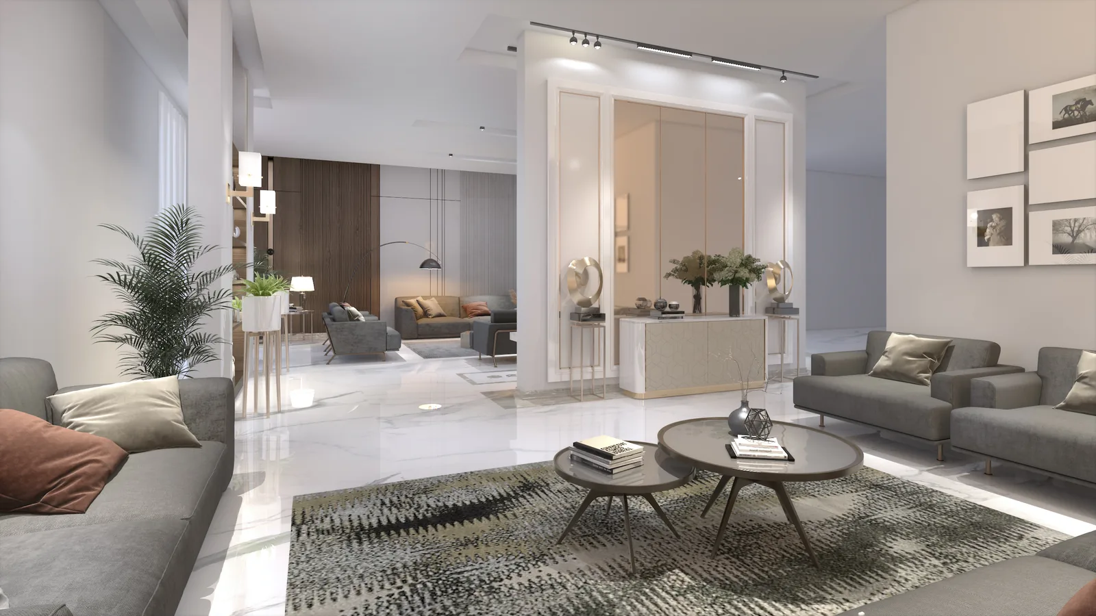 Living hall with grey sofas, marble floor and a niche with planting