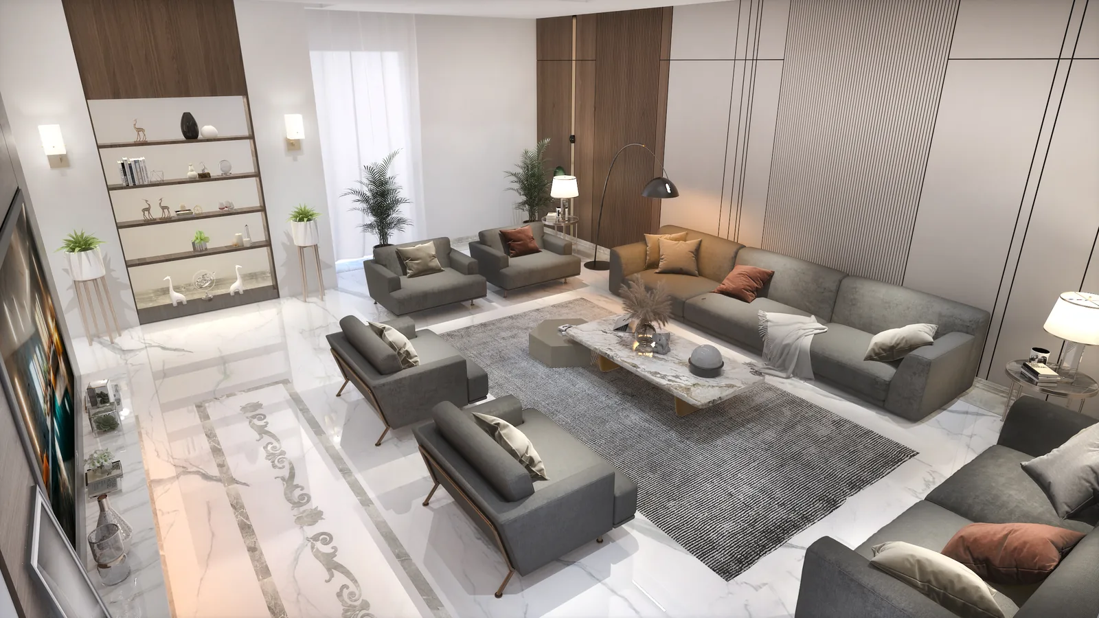 Seating group with a marble coffee table